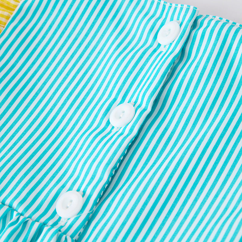 Girls Summer Ice-Cream Embroidered Yellow Teal Stripes Dress