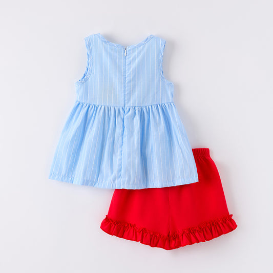 Girls Summer Cherry Embroidered Pocket Blue Red Short Set