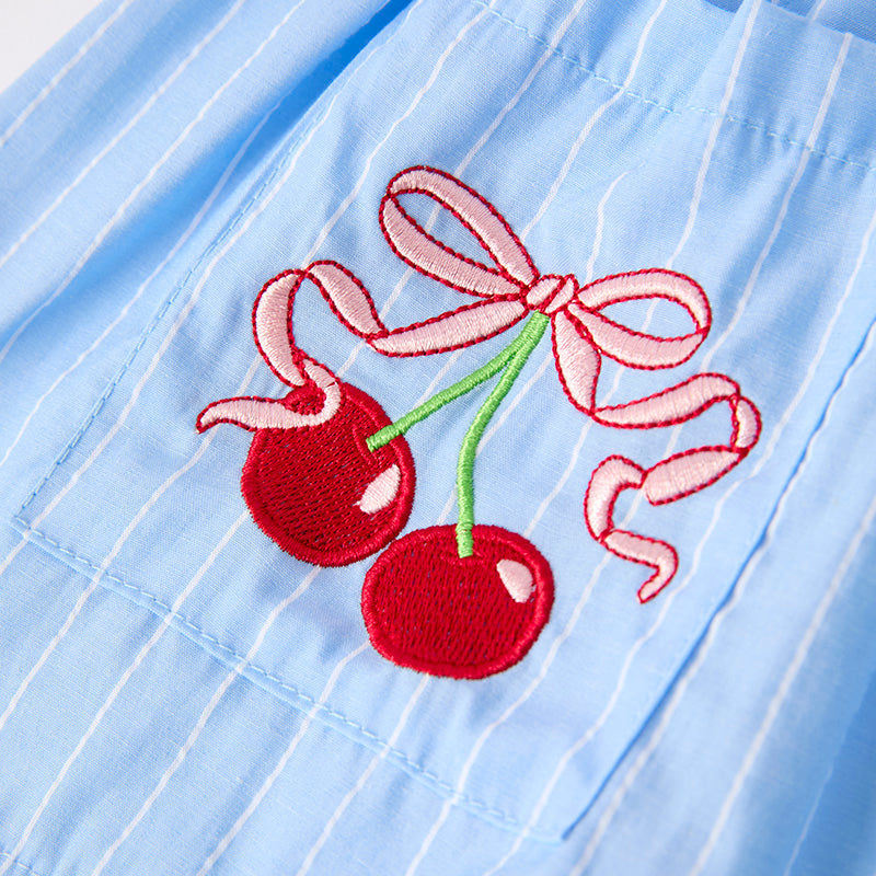 Girls Summer Cherry Embroidered Pocket Blue Red Short Set