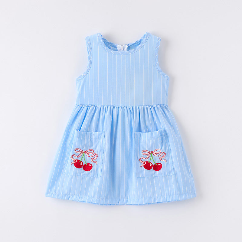 Girls Summer Cherry Embroidered Pocket Blue Stripes Dress