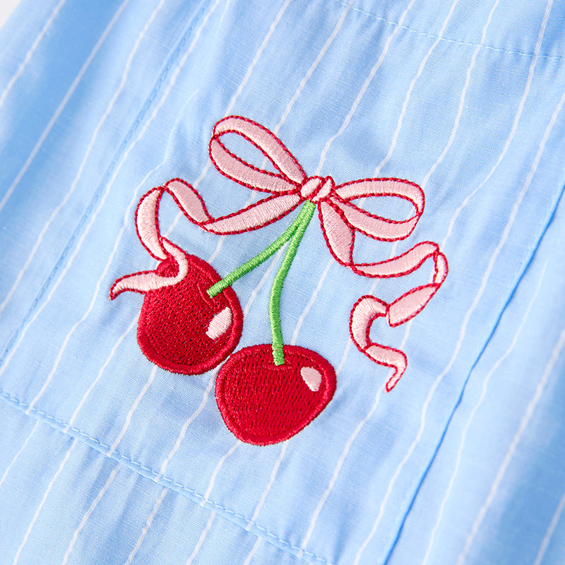 Girls Summer Cherry Embroidered Pocket Blue Stripes Dress
