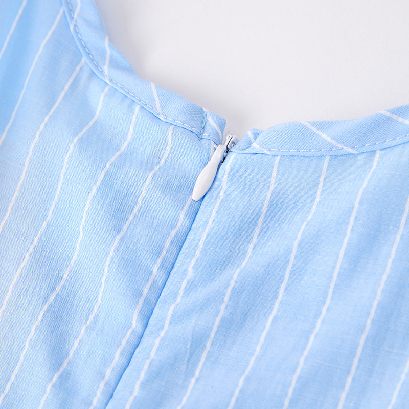 Girls Summer Cherry Embroidered Pocket Blue Stripes Dress