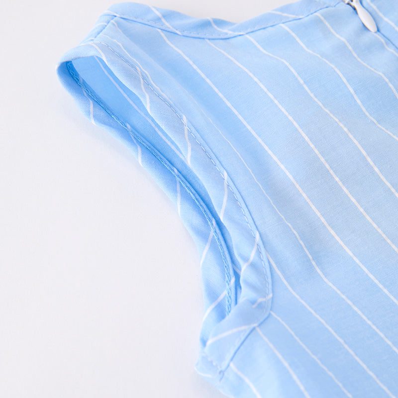 Girls Summer Cherry Embroidered Pocket Blue Stripes Dress