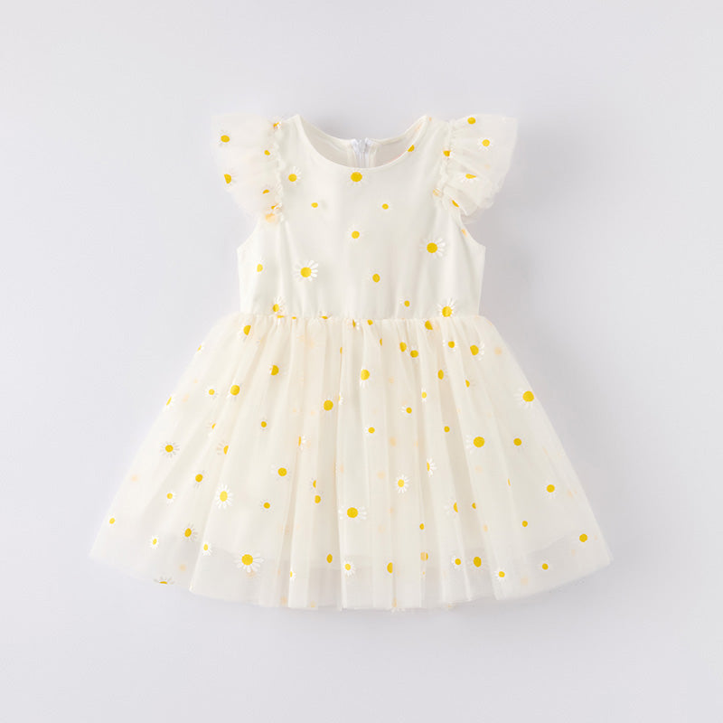 Grils Summer Princess Daisy Flower White Tulle Dress
