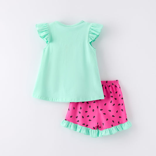 Girls Summer Watermelon Embroidered Teal Hot Pink Short Set