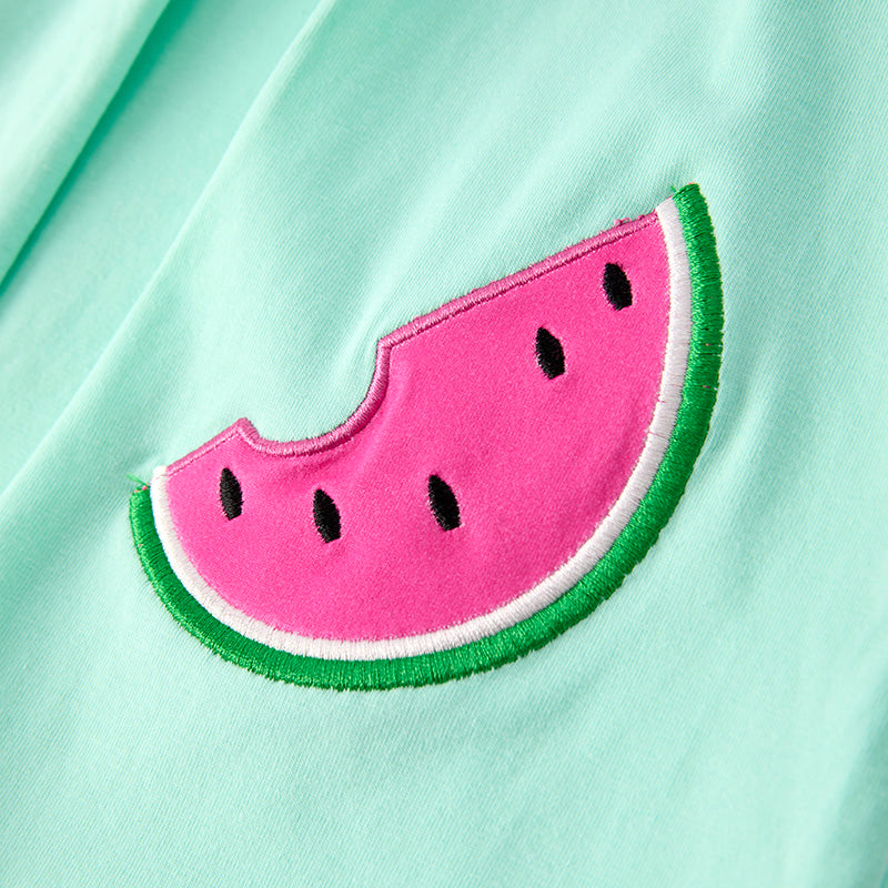 Girls Summer Watermelon Embroidered Teal Hot Pink Short Set