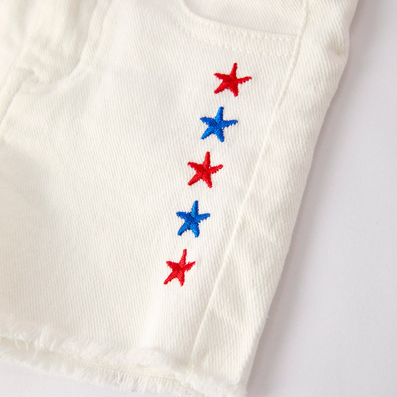 Girls Summer USA sequins July 4th White Denim Short Set