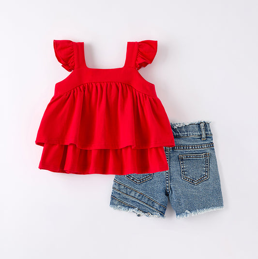 Girls Summer July 4th Red Ruffled Top Denim Short Set