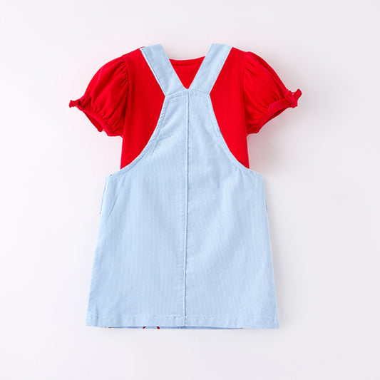 Girls Summer Red Cotton Top July 4th Denim Skirt Set