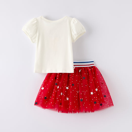 Girls July 4th Flag Embroidered Red Tulle Skirt Set