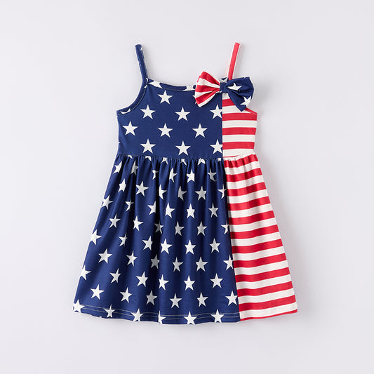 Girls July 4th Red Navy Star Bow Slip Dress