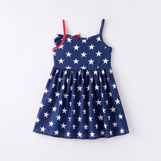 Girls July 4th Red Navy Star Bow Slip Dress