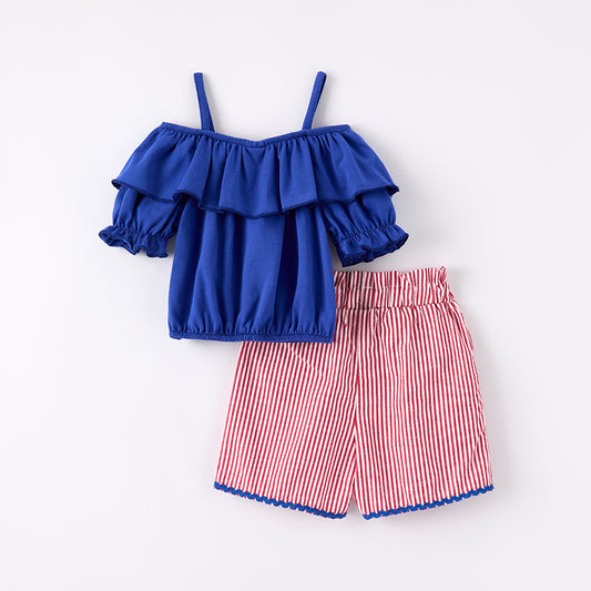 Girls Summer 4th Of July Blue Red Short Set