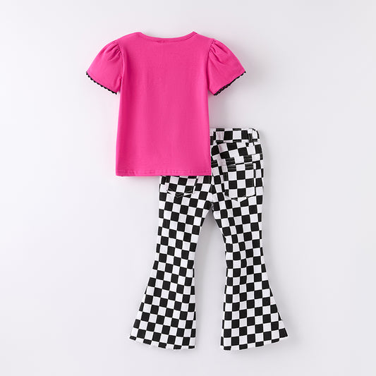Girls Back To School Pencil Bow Print Black Plaid Jean Set