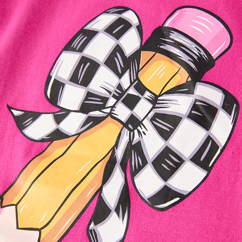 Girls Back To School Pencil Bow Print Black Plaid Jean Set