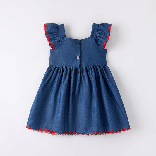 Girls Back To School Blue Apple Embroidered Dress