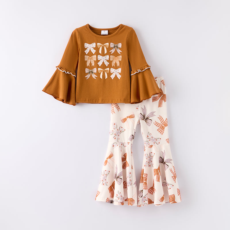 Girls Fall Autumn Brown Bow Long Sleeves Bell Pant Set