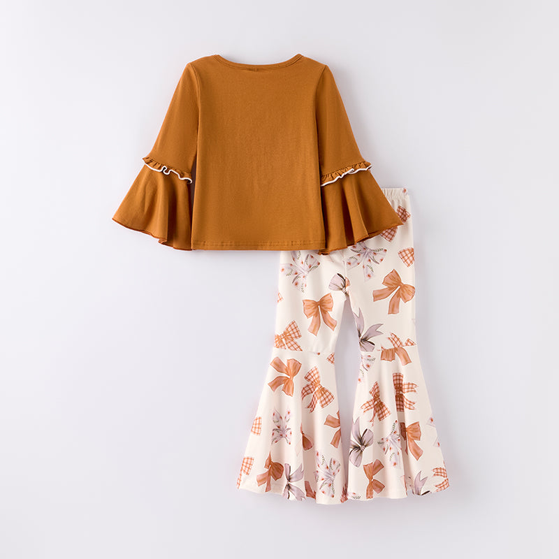 Girls Fall Autumn Brown Bow Long Sleeves Bell Pant Set