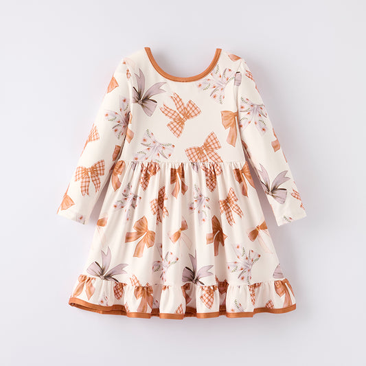 Girls Fall Autumn Brown Bow Ruffled Long Sleeves Dress