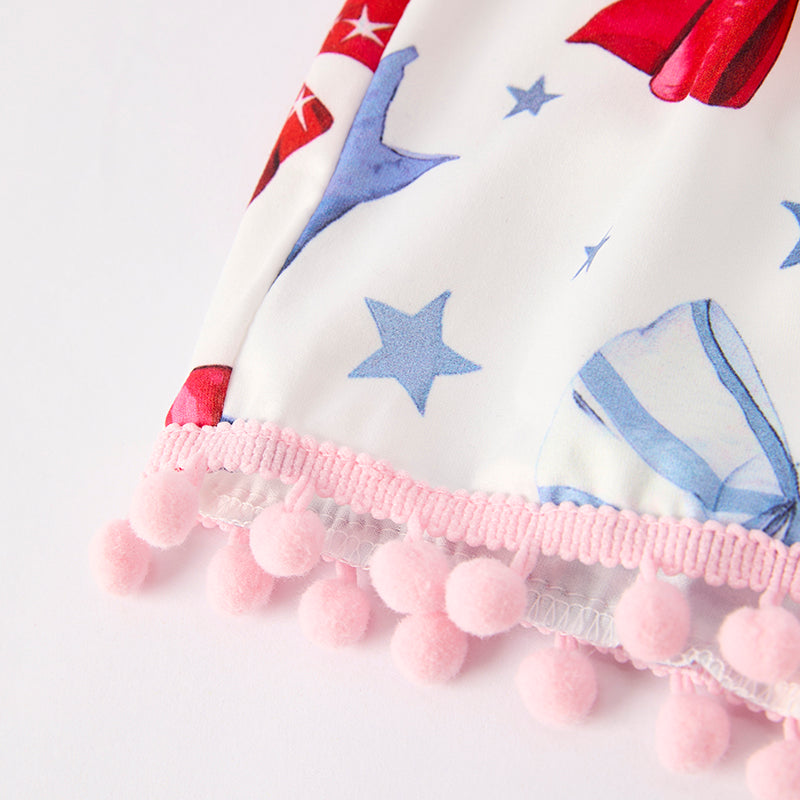 Girls Summer July 4th Red Blue Bow Jumpsuit