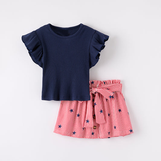 Girls July 4th Navy Ruffled Top Star Stripes Short Set