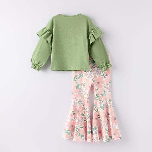 Girls Fall Autumn Green Floral Print Bow Long Sleeves Pant Set