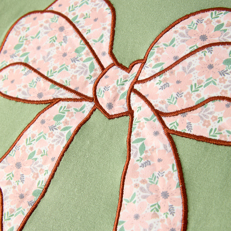 Girls Fall Autumn Green Floral Print Bow Long Sleeves Pant Set
