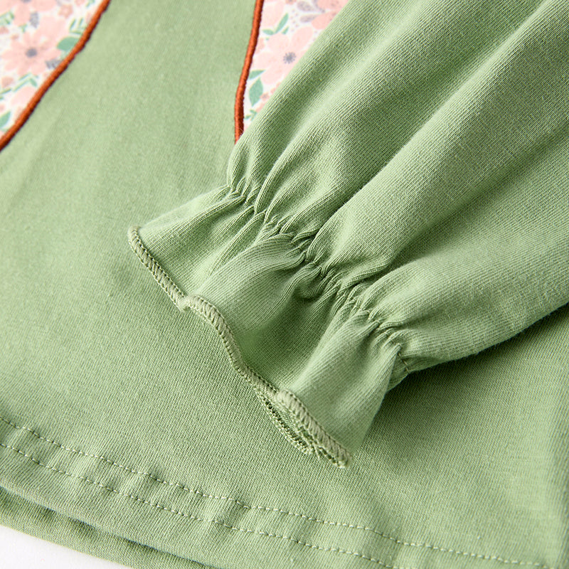 Girls Fall Autumn Green Floral Print Bow Long Sleeves Pant Set