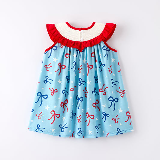 Girls July 4th Bow Smocked Embroidered Red Blue Dress