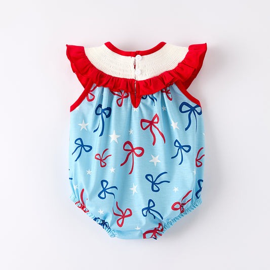 Baby 4th Of July Bow Smocked Embroidered Romper