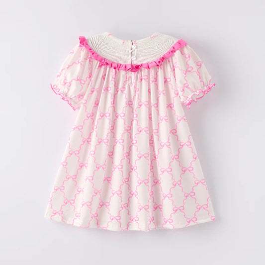 Girls Summer Pink Bow Smocked Embroidered Dress