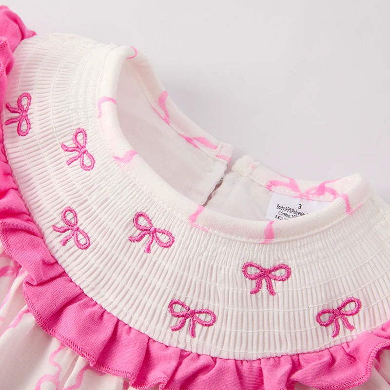 Girls Summer Pink Bow Smocked Embroidered Dress
