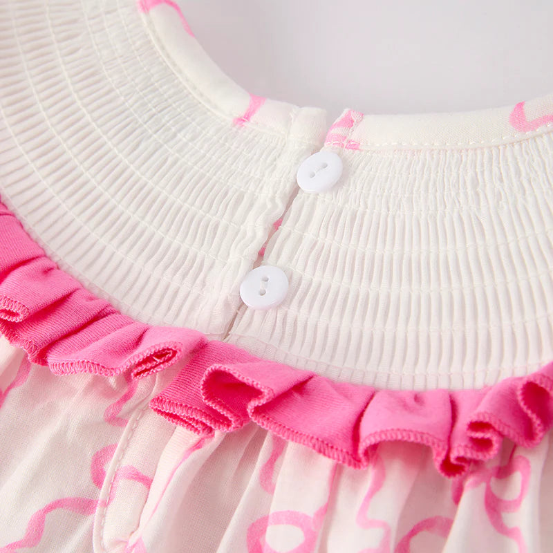Girls Summer Pink Bow Smocked Embroidered Dress