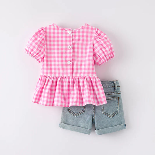 Girls Back To School Pink Plaid Pencil Denim Short Set