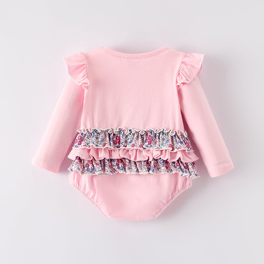 Baby Girls Fall Floral Bow Embroidery Pink Cotton Romper