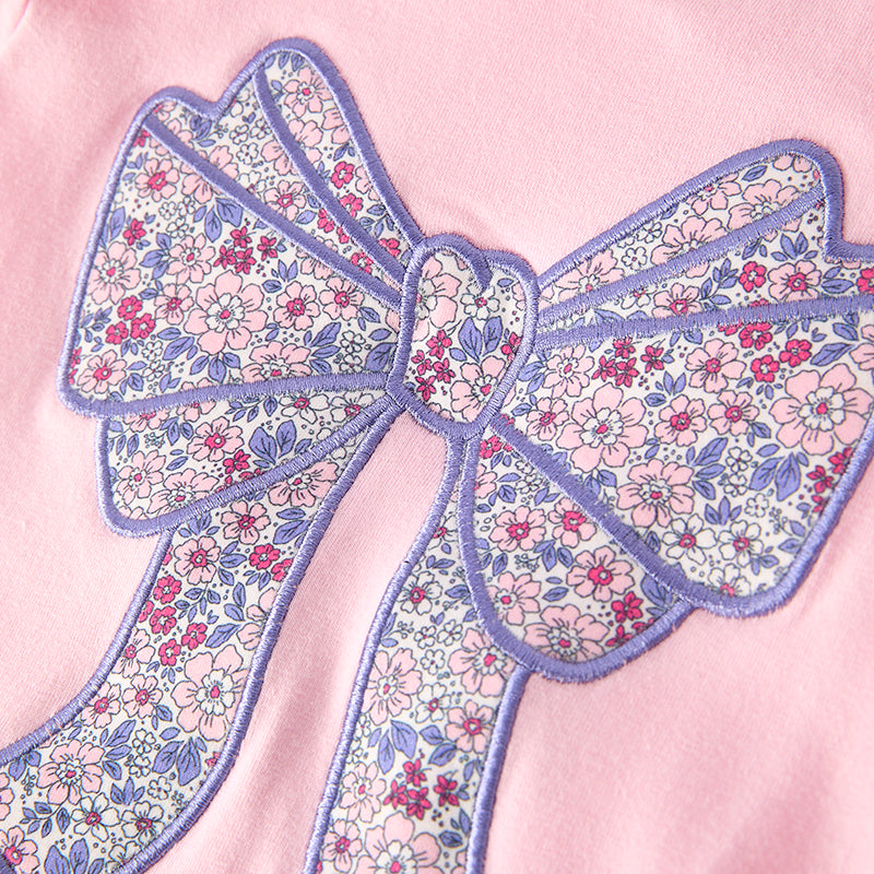 Baby Girls Fall Floral Bow Embroidery Pink Cotton Romper