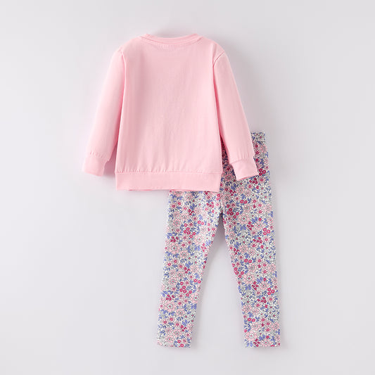Girls' Fall Winter Floral Bow Pink Embroidery Pant Set