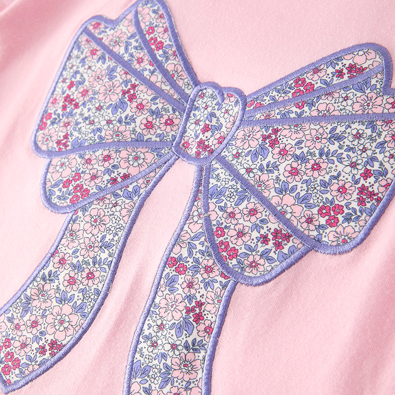 Girls' Fall Winter Floral Bow Pink Embroidery Pant Set