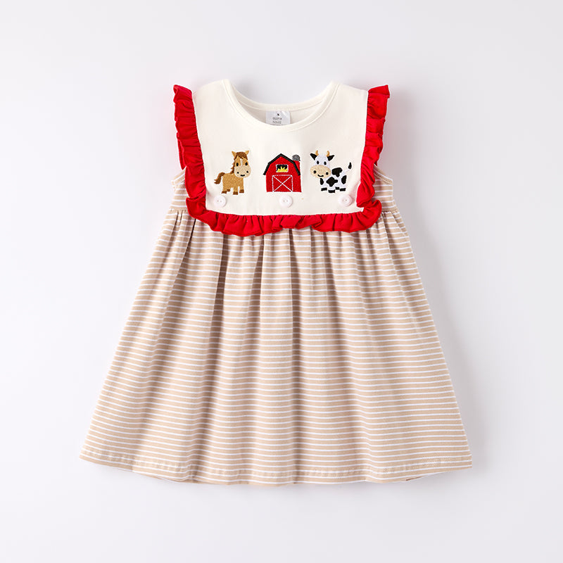 Girls Summer Farm Embroidered Ruffled Dress