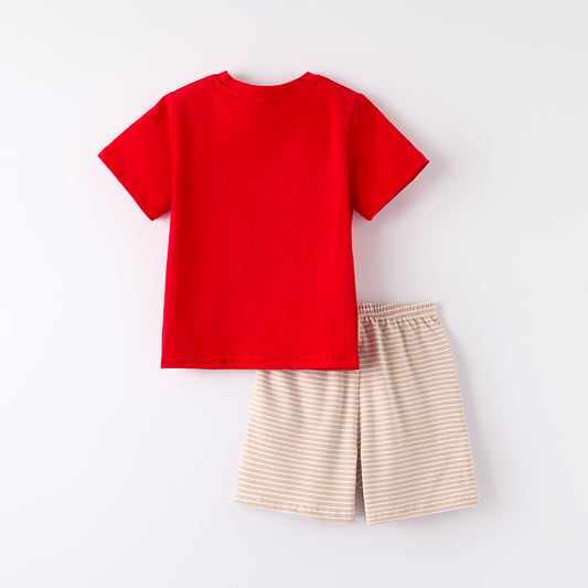 Boys Red Farm Embroidered Smocked Stripes Short Set