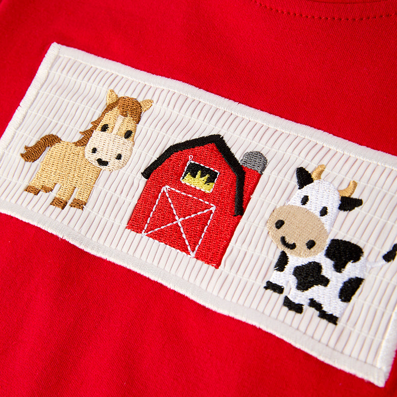 Boys Red Farm Embroidered Smocked Stripes Short Set