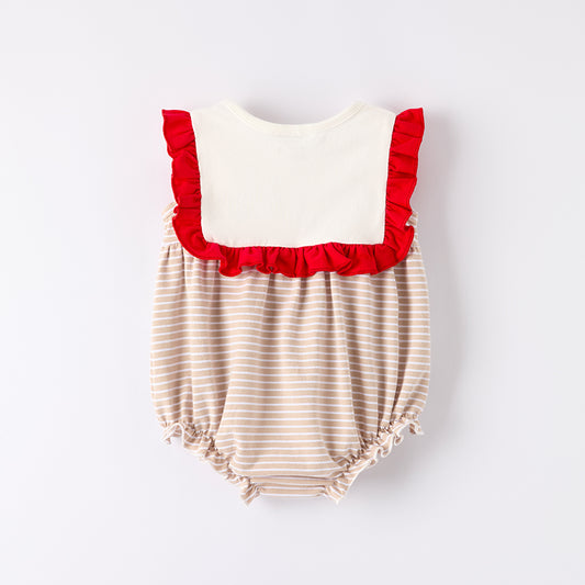 Baby Girls Farm Embroidered Red Ruffled Stripes Romper