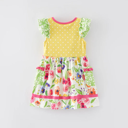 Girls Summer Yellow Dot Floral Print Soft Dress