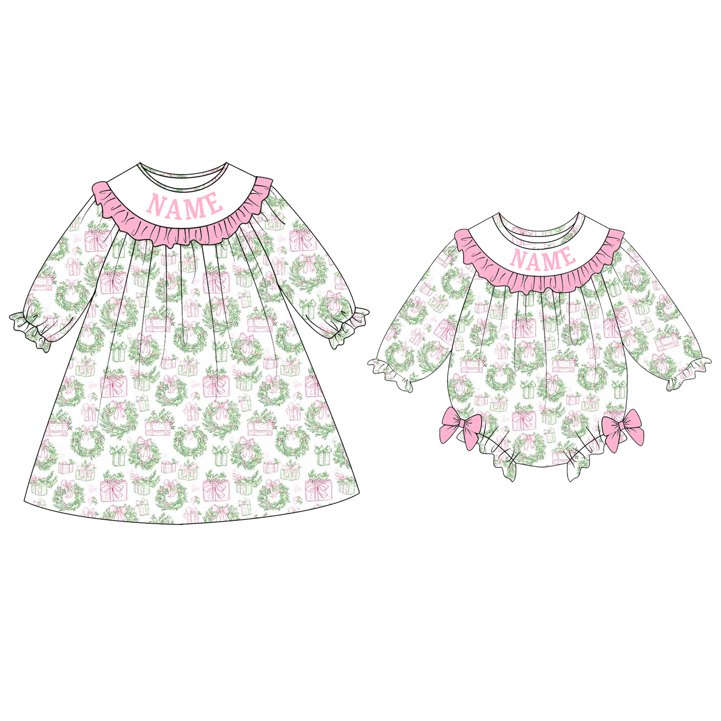Baby Girls Christmas Custom Name Floral Embroidery Smock Outfits