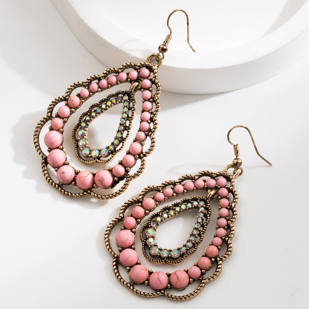 Western Boho Statement Glass Drill Turquoise Pink & Crystal Drop Earrings