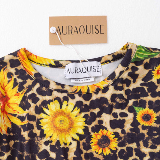 Girls Fall Sunflower Leopard Print Yellow Tulle Long Sleeves Dress