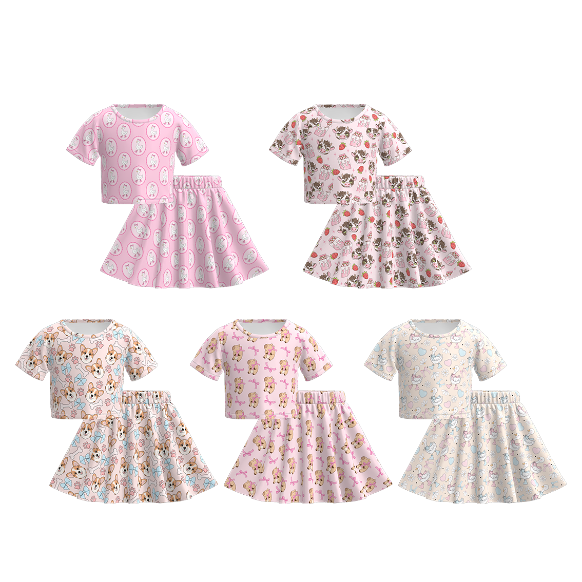 Girls Summer Animals Pet Print Skirt Set