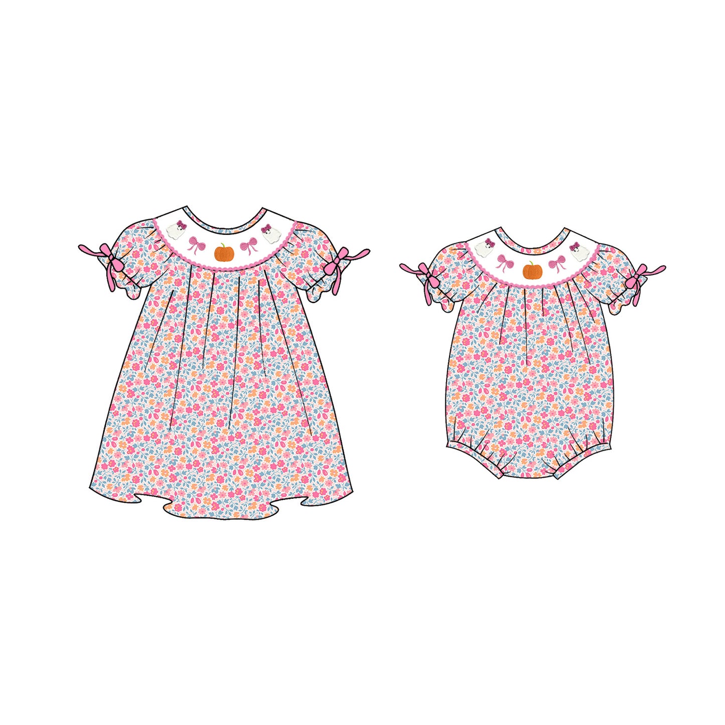 Sister Girls Halloween Ghost Bow Pumpkin Embroidery Dress Romper