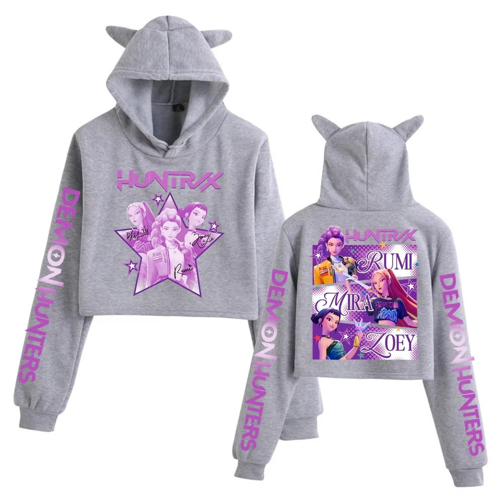 K-Pop Demon Hunters Printed Pink Navy Cat Ear Short Hoodie Anime Sweatshirt for Fall and Winter