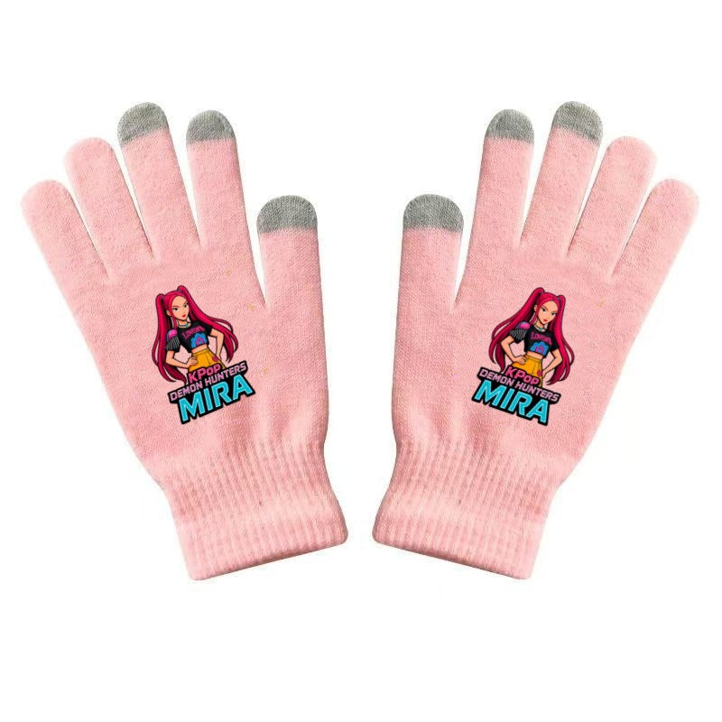 K-Pop Demon Hunters Kids Gloves for Boys and Girls Warm Dopamine Style Knitted Printed Gloves for Fall and Winter